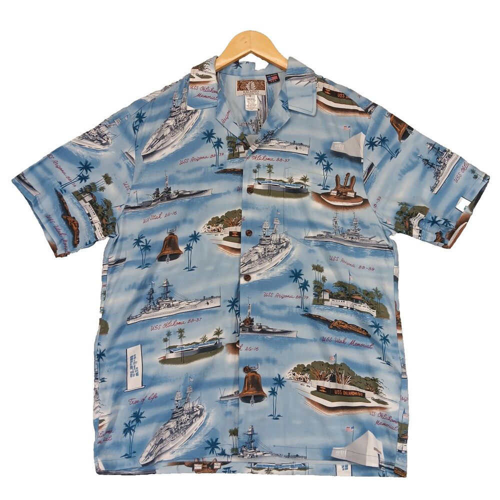 Kalaheo Men's L Pearl Harbor US Carrier Ships Aloha Hawaiian Shirt Short Sleeves